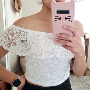 White lace off the shoulder crop top